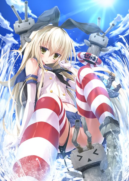 Anime picture 777x1087 with kantai collection shimakaze destroyer rensouhou-chan suien single long hair tall image light erotic blonde hair green eyes cloud (clouds) girl thighhighs gloves bow weapon hair bow water elbow gloves striped thighhighs