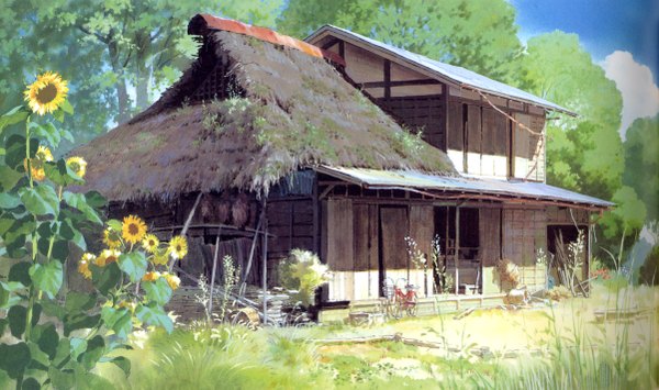 Anime picture 2402x1423 with pom poko studio ghibli kazuo oga highres wide image sky cloud (clouds) no people landscape summer flower (flowers) plant (plants) tree (trees) grass ground vehicle sunflower house door bicycle