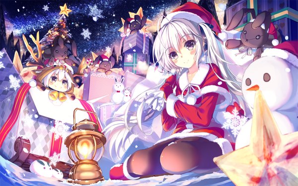 Anime picture 1920x1200 with yosuga no sora kasugano sora akabane (zebrasmise) single long hair blush fringe highres smile hair between eyes twintails payot white hair grey eyes fur trim snowing christmas winter snow star print