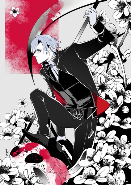 Anime picture 800x1132 with original seto (magatan) magatan single tall image short hair red eyes standing holding blue hair looking away bent knee (knees) profile standing on one leg dual wielding blood stains high contrast boy flower (flowers) weapon