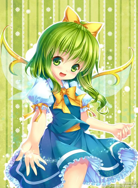 Anime picture 737x1000 with touhou daiyousei grandia bing single long hair tall image looking at viewer blush open mouth green hair loli one side up girl dress bow hair bow wings