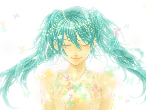 Anime picture 1024x768 with vocaloid hatsune miku iban single long hair blush simple background white background twintails bare shoulders eyes closed nail polish light smile aqua hair topless girl insect butterfly