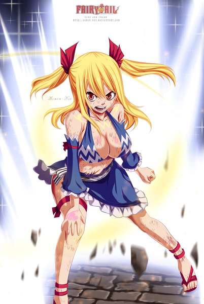 Anime picture 2012x3000 with fairy tail lucy heartfilia iitheluciferii single long hair tall image highres open mouth light erotic blonde hair red eyes twintails inscription tattoo coloring torn clothes magic light screaming girl