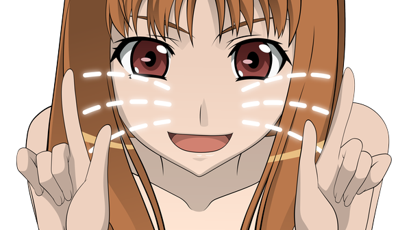 Anime picture 4250x2391 with spice and wolf horo madwulf (artist) single long hair highres open mouth smile red eyes brown hair wide image absurdres portrait transparent background face girl