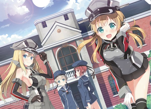 Anime picture 1104x800 with kantai collection bismarck battleship prinz eugen (kantai collection) z3 destroyer (max schultz) z1 destroyer (leberecht maass) hyuuga azuri long hair looking at viewer blush fringe short hair breasts open mouth blue eyes blonde hair red eyes twintails multiple girls green eyes red hair
