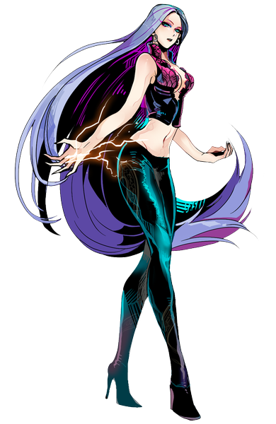 Anime picture 650x1000 with million arthur (series) kaku-san-sei million arthur square enix byam single tall image looking at viewer breasts blue eyes bare shoulders cleavage purple hair very long hair fingernails midriff high heels sleeveless magic transparent background long fingernails