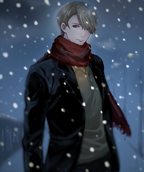 Anime picture 1000x1200 with yuri!!! on ice mappa viktor nikiforov yotchin single tall image looking at viewer fringe short hair blue eyes blonde hair upper body outdoors light smile wind hair over one eye turning head snowing winter gloom