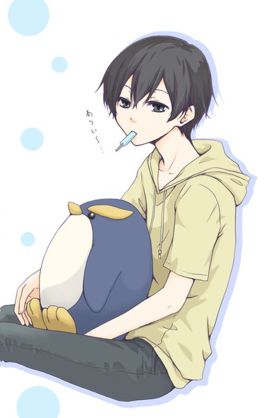 Anime picture 1200x1820 with tanaka-kun wa itsumo kedaruge silver link tanaka (tanaka-kun wa itsumo kedaruge) yabu kiba single tall image fringe short hair black hair simple background hair between eyes white background sitting holding looking away grey eyes text mouth hold between legs sitting on person