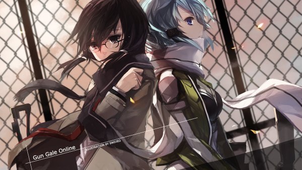 Anime picture 1209x680 with sword art online a-1 pictures asada shino swd3e2 short hair blue eyes black hair wide image multiple girls blue hair looking away profile wind black eyes girl weapon 2 girls glasses jacket scarf