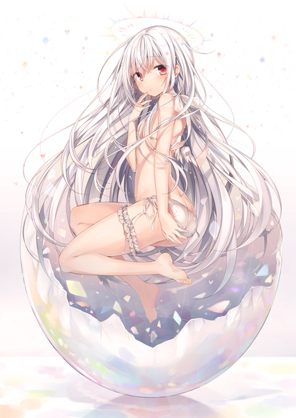 Anime picture 1290x1821 with original komeshiro kasu single tall image blush fringe light erotic simple background hair between eyes red eyes white background silver hair bent knee (knees) very long hair parted lips :o finger to mouth flat chest girl swimsuit