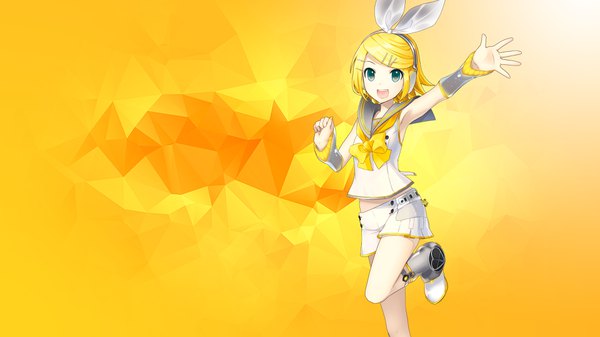Anime picture 3840x2160 with vocaloid kagamine rin kagamine rin (vocaloid4) assassinwarrior ixima single looking at viewer highres short hair open mouth simple background blonde hair wide image standing green eyes absurdres bent knee (knees) :d arm up armpit (armpits)