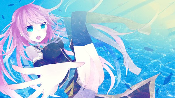 Anime picture 1920x1080 with vocaloid megurine luka satsuki ayame (artist) single long hair highres open mouth wide image pink hair aqua eyes underwater girl thighhighs black thighhighs detached sleeves fish (fishes)