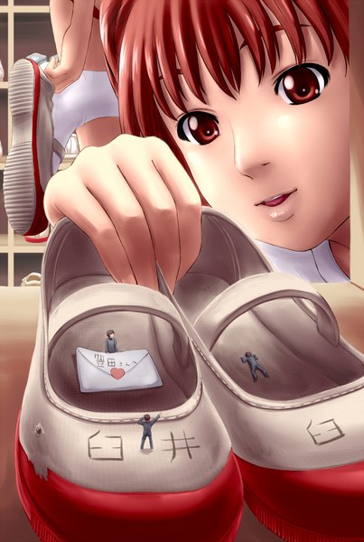 Anime picture 1206x1794 with original manzi tall image short hair red eyes red hair lips close-up face giant girl boy shoes people letter love letter