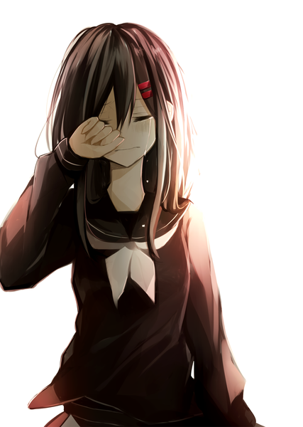 Anime picture 1176x1652 with kagerou project shaft (studio) tateyama ayano toto (pixiv) single long hair tall image blush fringe simple background brown hair white background eyes closed tears crying sad girl uniform serafuku teardrop