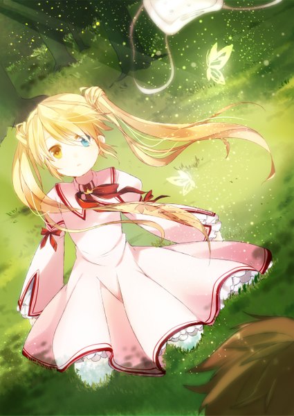 Anime picture 1800x2542 with rewrite nakatsu shizuru pun2 long hair tall image highres blonde hair twintails heterochromia girl uniform plant (plants) school uniform tree (trees) insect butterfly grass eyepatch