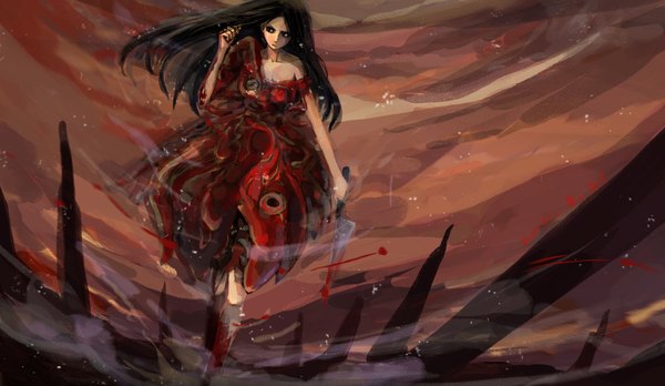 Anime picture 2362x1371 with american mcgee's alice (game) alice: madness returns alice (american mcgee's) yuki neko single long hair highres black hair wide image girl dress weapon blood red dress knife