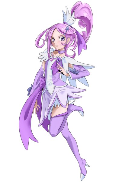 Anime picture 1240x1753 with precure dokidoki! precure toei animation kenzaki makoto cure sword nukosann single long hair tall image blush simple background white background purple eyes purple hair ponytail girl dress detached sleeves thigh boots