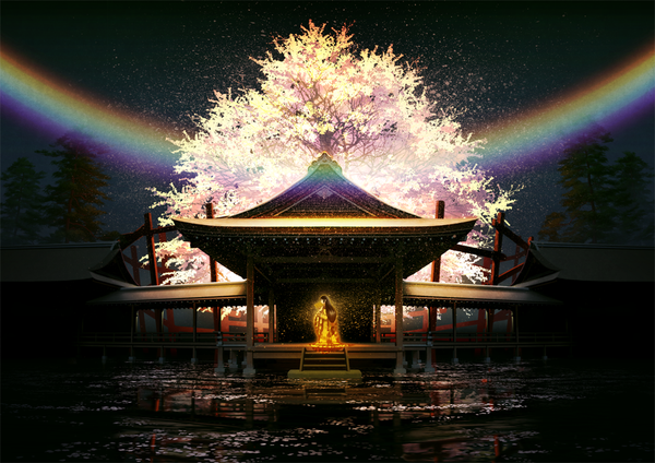Anime picture 1000x708 with original mocha (cotton) single long hair black hair standing traditional clothes japanese clothes profile night night sky cherry blossoms reflection glow architecture east asian architecture girl plant (plants) petals tree (trees)