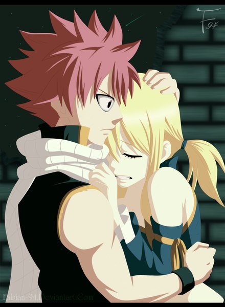 Anime picture 1900x2593 with fairy tail lucy heartfilia natsu dragneel fabiansm long hair tall image highres short hair blonde hair pink hair eyes closed profile black eyes night sky sleeveless hug coloring shooting star girl boy