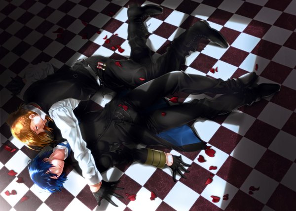 Anime picture 1696x1209 with uta no prince-sama a-1 pictures jinguji ren hijirikawa masato porry short hair blue eyes blonde hair blue hair lying profile multiple boys hug checkered floor shounen ai boy gloves shirt petals 2 boys