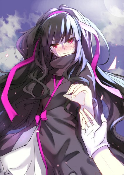 Anime picture 744x1052 with kagerou project shaft (studio) azami (kagerou project) aki663 tall image looking at viewer blush fringe black hair smile red eyes payot sky cloud (clouds) very long hair head tilt wind from below embarrassed happy