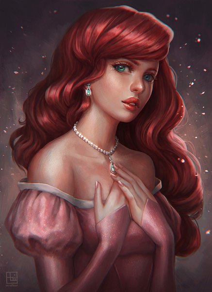 Anime picture 729x1000 with the little mermaid disney ariel abigail diaz single long hair tall image looking at viewer fringe bare shoulders green eyes signed upper body red hair nail polish parted lips head tilt fingernails lips realistic