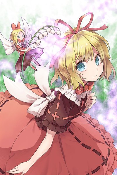 Anime picture 600x900 with touhou medicine melancholy su-san akidzuki haruhi tall image looking at viewer short hair blue eyes blonde hair smile multiple girls from above fantasy fairy girl flower (flowers) ribbon (ribbons) 2 girls hair ribbon lily of the valley