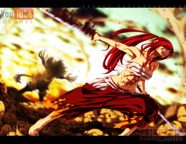 Anime picture 3110x2400 with fairy tail erza scarlet deohvi long hair highres breasts light erotic large breasts holding absurdres ponytail red hair sunlight inscription bare belly midriff coloring torn clothes watermark letterboxed