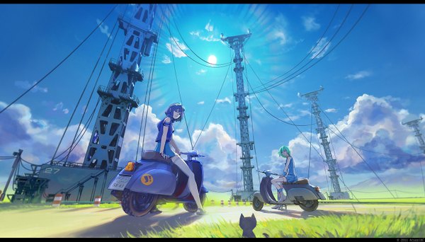 Anime picture 1400x799 with eureka seven isle of winds studio bones eureka yumi (isle of winds) arsenixc short hair wide image multiple girls sky purple hair cloud (clouds) looking back green hair sunlight landscape crossover girl 2 girls animal