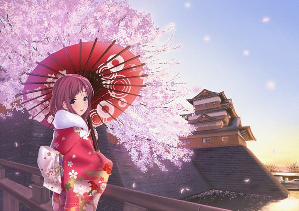 Anime picture 1592x1125 with original yayoi1986 single looking at viewer blush fringe short hair smile holding pink hair sky long sleeves traditional clothes parted lips japanese clothes pink eyes sunlight wide sleeves cherry blossoms floral print