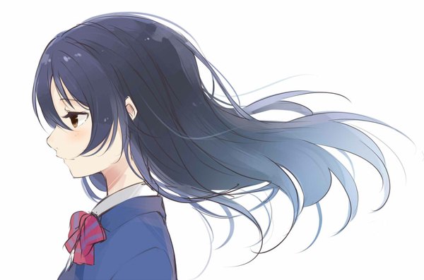 Anime picture 1082x716 with love live! school idol project sunrise (studio) love live! sonoda umi totoki86 single long hair fringe black hair simple background smile white background brown eyes looking away profile wind girl bow