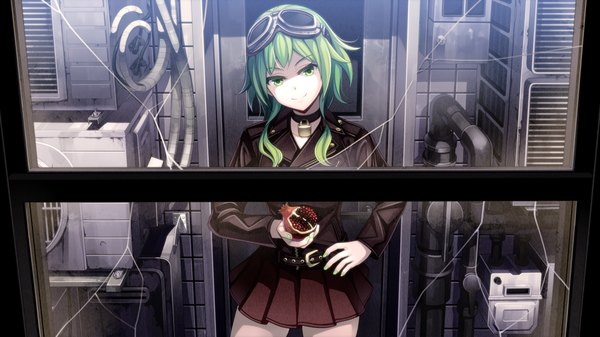 Anime picture 1000x563 with vocaloid gumi torigoe takumi single looking at viewer short hair smile wide image green eyes green hair hand on hip girl skirt jacket belt fruit goggles pomegranate