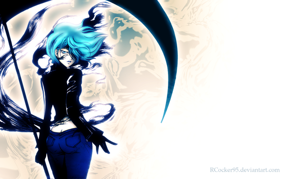 Anime picture 1266x777 with code: breaker kinema citrus hachiouji rui single looking at viewer short hair blue eyes wide image blue hair looking back inscription girl gloves jacket scythe blue jeans