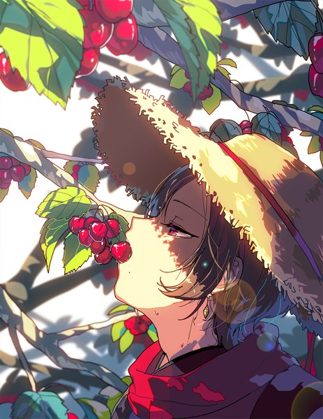 Anime picture 773x1000 with touken ranbu nitroplus kashuu kiyomitsu hanasaki coa single tall image short hair red eyes brown hair holding looking away profile sweat mouth hold lens flare shaded face eating summer boy plant (plants)