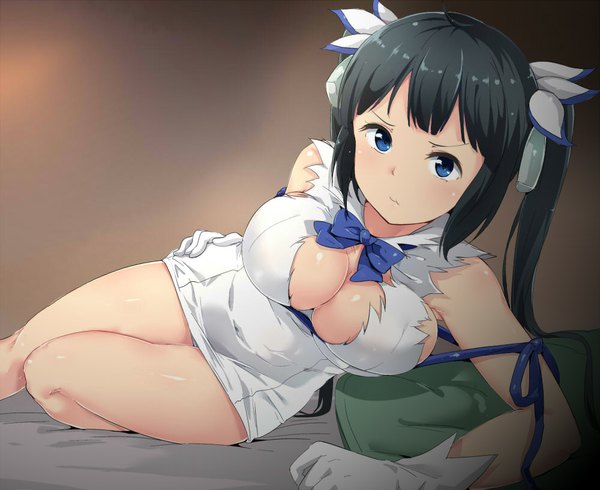 Anime picture 1000x817 with dungeon ni deai wo motomeru no wa machigatteiru darou ka j.c. staff hestia (danmachi) alp single long hair breasts light erotic black hair large breasts twintails cleavage rei no himo girl dress hair ornament