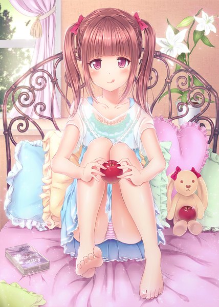 Anime picture 1250x1750 with original alc (ex2 lv) single long hair tall image looking at viewer blush light erotic brown hair sitting twintails bent knee (knees) pink eyes barefoot bare legs pantyshot pantyshot sitting :q knees touching girl