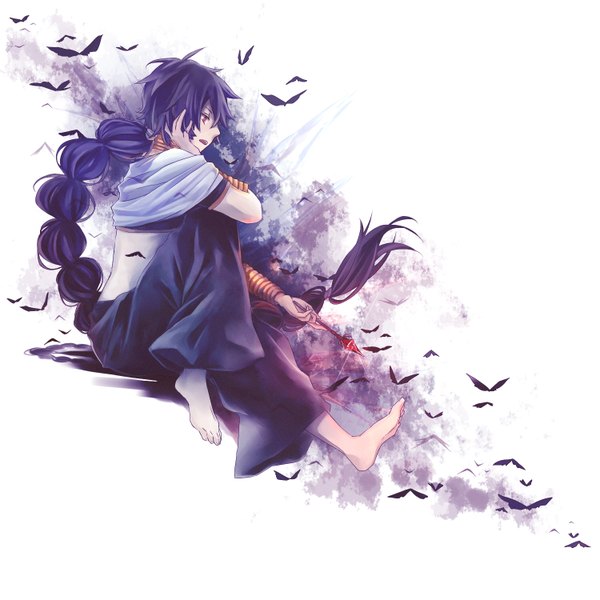 Anime picture 1500x1500 with magi the labyrinth of magic a-1 pictures judal dlei single long hair open mouth simple background sitting blue hair braid (braids) traditional clothes barefoot orange eyes looking down hand on face boy insect butterfly rukh (magi)