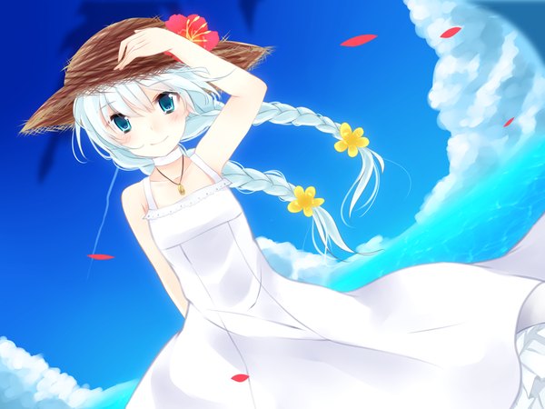 Anime picture 1600x1200 with original aji riko mitsukame (artist) long hair looking at viewer blush blue eyes smile bare shoulders sky cloud (clouds) white hair braid (braids) wind twin braids girl dress hat petals sea straw hat