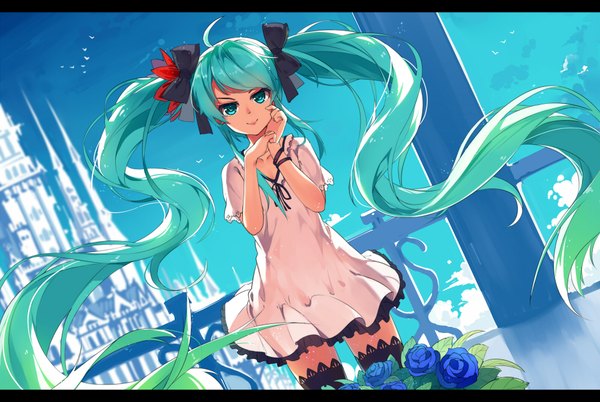 Anime picture 2000x1340 with vocaloid world is mine (vocaloid) hatsune miku baisi shaonian single looking at viewer highres twintails sky cloud (clouds) ahoge very long hair aqua eyes aqua hair zettai ryouiki girl thighhighs dress flower (flowers) ribbon (ribbons)