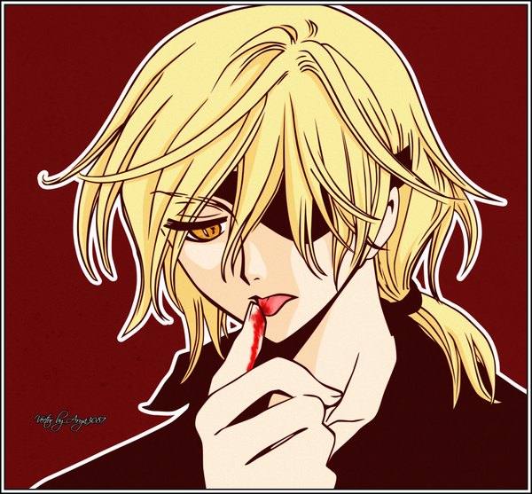 Anime picture 1984x1844 with tsubasa reservoir chronicle clamp fay d flourite arya3087 single highres simple background blonde hair signed yellow eyes border red background vector licking vampire boy tongue blood eyepatch