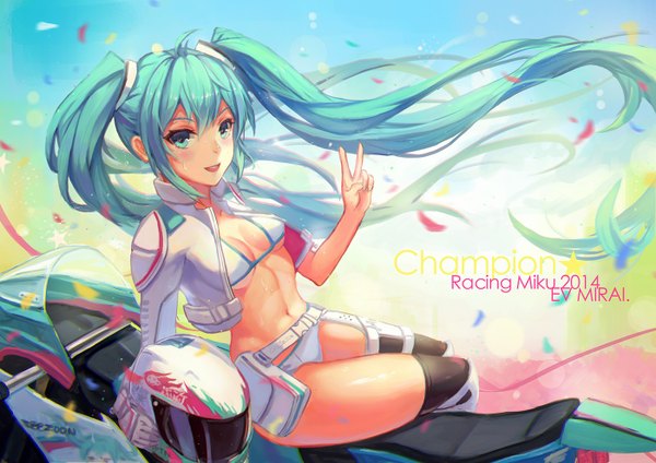 Anime picture 1400x990 with vocaloid hatsune miku atdan single looking at viewer fringe open mouth light erotic smile sitting twintails bent knee (knees) very long hair aqua eyes wind aqua hair inscription bare belly text victory