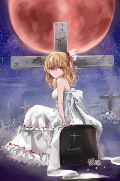 Anime picture 1000x1500 with touhou rumia moriz single tall image short hair blonde hair red eyes sitting bare shoulders red moon girl dress flower (flowers) cross