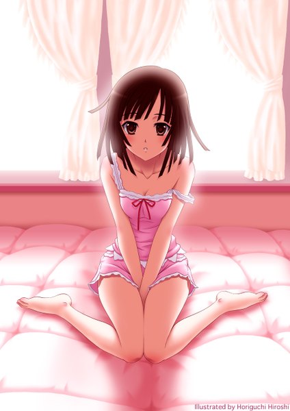 Anime picture 905x1280 with bakemonogatari shaft (studio) monogatari (series) sengoku nadeko horiguchi hiroshi single tall image blush fringe short hair breasts brown hair brown eyes barefoot off shoulder inscription bare legs :o shadow knees touching