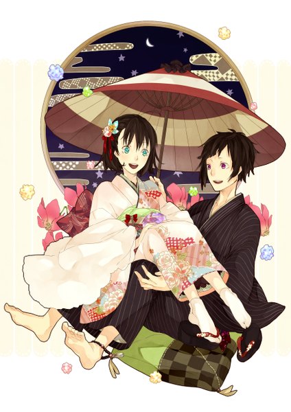 Anime picture 1753x2480 with original saikawa tall image blush highres short hair open mouth smile brown hair sitting purple eyes traditional clothes japanese clothes barefoot hair flower aqua eyes night sky couple crescent egasumi