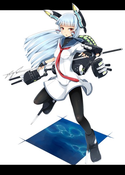 Anime picture 1000x1400 with kantai collection murakumo destroyer einz zwei single long hair tall image looking at viewer blush fringe breasts white background blue hair bent knee (knees) parted lips midriff orange eyes fighting stance tress ribbon girl gloves