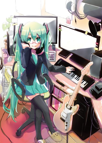 Anime picture 1000x1401 with vocaloid hatsune miku hekicha single tall image smile sitting twintails very long hair aqua eyes aqua hair crossed legs headphones around neck hand on headphones girl thighhighs skirt ribbon (ribbons) black thighhighs hair ribbon