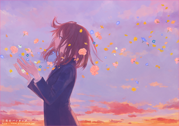 Anime picture 1000x707 with original 72 (nananatsu) single fringe short hair brown hair brown eyes signed looking away sky cloud (clouds) upper body ahoge long sleeves profile wind outstretched arm watermark evening sunset