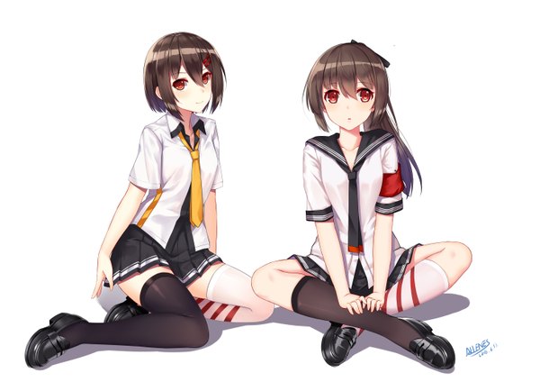 Anime picture 5846x4133 with original allenes long hair looking at viewer blush highres short hair black hair red eyes white background multiple girls absurdres girl thighhighs skirt uniform black thighhighs 2 girls miniskirt socks