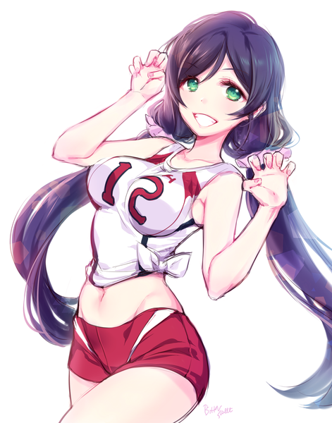 Anime picture 1000x1272 with love live! school idol project sunrise (studio) love live! toujou nozomi bittersweet (dalcoms) single long hair tall image looking at viewer highres light erotic simple background smile white background twintails green eyes purple hair teeth grin low twintails
