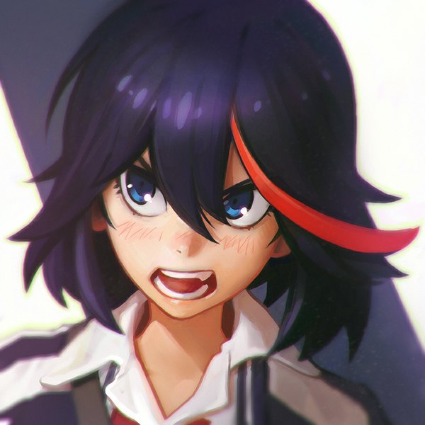 Anime picture 900x900 with kill la kill studio trigger matoi ryuuko ilya kuvshinov single blush short hair open mouth blue eyes black hair looking away upper body red hair multicolored hair two-tone hair teeth streaked hair girl uniform school uniform